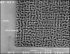 Figure: Angled scanning electron microscope picture in region A of wafer 3 after the thermal annealing (subsequent to the growth). Anneal was performed at 650°C for 25 min at 20 Torr in hydrogen. The islands clearly show order and regularity.